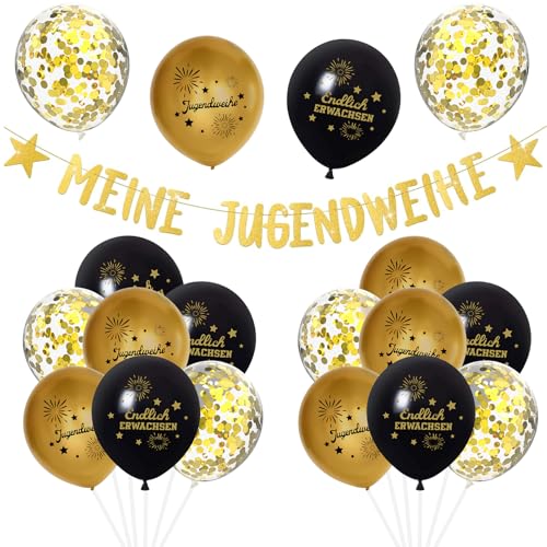 ALEGRE Jugendweihe Deko Junge Mädchen, 2025 Deko Jugendweihe Schwarz Gold Set mit Endlich Erwachsen Ballon und Meine Jugendweihe Girlande, Jugendweihe Luftballons für Herzlichen Glückwunsch Party Deko von ALEGRE