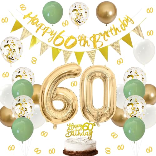 Luftballons 60. Geburtstag Deko Set Grün - Banner, Kuchen Deko, Girlande, Konfetti für Mann und Frau von ALEGRE