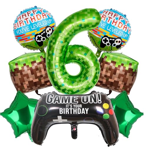 ALEGRE® Pixel Geburtstagsdeko 6 Jahre Junge, Pixel Miner Game 6. Geburtstag Junge Mädchen, Folienballon 6 Geburtstag Deko, Happy Birthday Deko mit Zahl 6 Luftballon, 6 Jahre Spiel Player Thema Party von ALEGRE