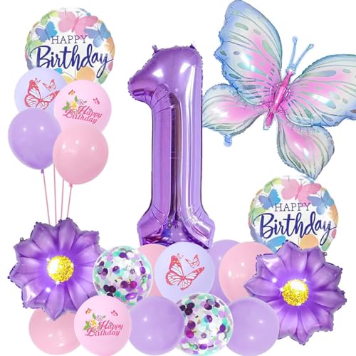 ALEGRE Schmetterling Deko 1. Geburtstag Mädchen, Lila Schmetterlinge Geburtstagsdeko Luftballon 1 Geburtstag, Schmetterling Folienballon Set mit Zahlenballon 1 und Happy Birthday Ballon von ALEGRE