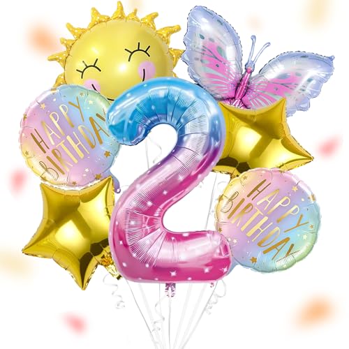 ALEGRE® Sonne Schmetterlinge Deko 2 Geburtstag Mädchen, Folienballon Schmetterling Deko Luftballon 2. Geburtstag, Geburtstagsdeko Mädchen 2 Jahre, Kindergeburtstag Deko für Schmetterling Themen Party von ALEGRE