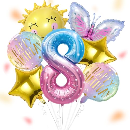 ALEGRE® Sonne Schmetterlinge Deko 8 Geburtstag Mädchen, Folienballon Schmetterling Deko Luftballon 8. Geburtstag, Geburtstagsdeko Mädchen 8 Jahre, Kindergeburtstag Deko für Schmetterling Themen Party von ALEGRE