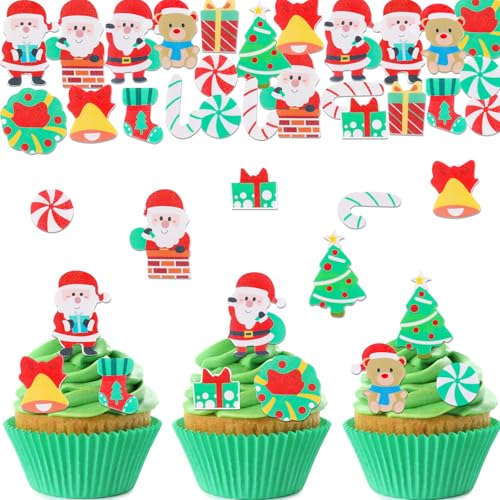 ALEGRE 100 Stück Essbare Tortendeko Weihnachten,Kuchen Deko Weihnachten Essbar,Esspapier Weihnachtsbaum Cupcake Topper,Essbare Weihnachtsmann Tortendeko,Muffin Deko Weihnachtsmann von ALEGRE