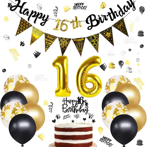 ALEGRE Deko 16 Geburtstag Junge Mädchen, 16 Geburtstag Deko Schwarz Gold mit Happy 16th Birthday Girlande, Luftballons 16. Geburtstagsdeko,Tortendeko 16 Jahr und Konfetti für Sweet 16 Geburtstagsdeko ALEGRE Deko 16 Geburtstag Junge Mädchen, 16 Geburtstag Deko Schwarz Gold mit Happy 16th Birthday Girlande, Luftballons 16. Geburtstagsdeko,Tortendeko 16 Jahr und Konfetti für Sweet 16 Geburtstagsdeko von ALEGRE