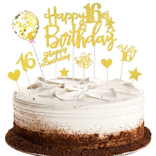 ALEGRE Sweet 16 Geburtstag Junge Tortendeko 16. Geburtstag Mädchen Jungen,10 Stück Gold Happy 16th Birthday Cake Topper,Geburtstagsdeko 16 Jahre,Glitzer Kuchen Deko 16 Geburtstag von ALEGRE