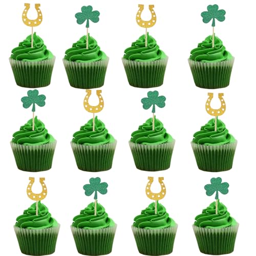 ALEGRE 24 Stück Glück Kleeblatt Cupcake Topper St. Patrick's Day Tortendekoration, Glitzer Hufeisen Muffin Deko Party Kuchen Deko für Babyparty, Geburtstag von ALEGRE