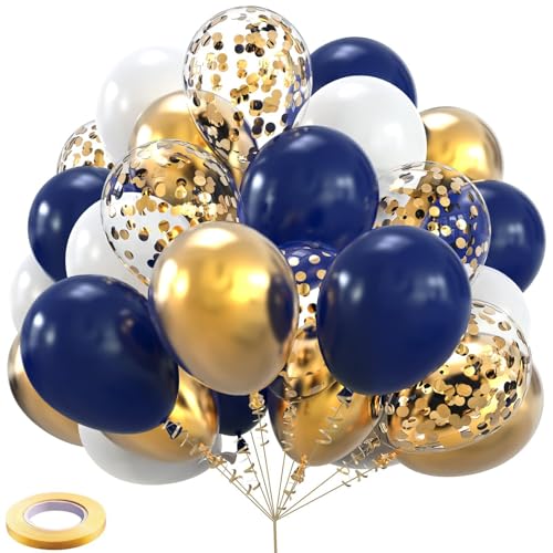 ALEGRE 60 Stück Luftballons Blau Gold,12 Zoll Geburtstagsdeko Blaue Luftballon mit Konfetti Luftballons Helium und Bändern,Ballons Blau für Geburtstag,Hochzeitsdeko,Taufe Deko,Babyparty,Silvester Deko von ALEGRE