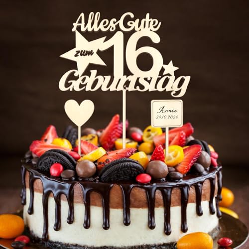 ALEGRE Holz Tortendeko 16. Geburtstag für Mädchen und Jungen - 3 Stück Sweet 16 Kuchen Deko, Muffin Topper, 4mm Cake Topper - Alles Gute zum 16. von ALEGRE