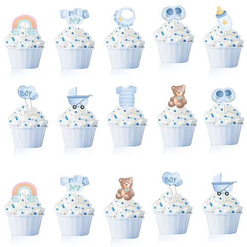 ALEGRE Babyparty Tortendeko Taufe Junge,18 Stück Baby Cupcake Topper,Baby Boy Deko Kuchen,Baby Shower Tortendeko Gender Reveal Party Deko,Baby Muffin Deko Blau für Taufe Deko,Baby Shower,Babyparty von ALEGRE