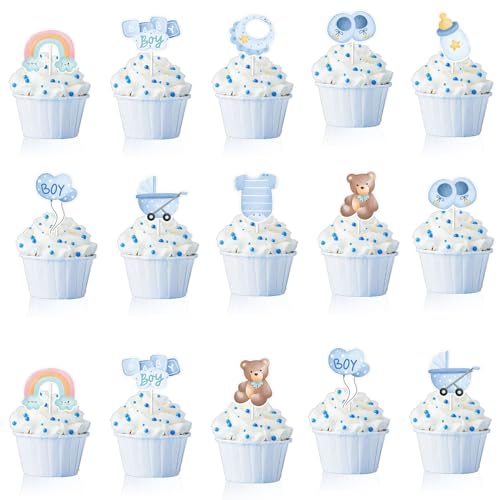 ALEGRE Babyparty Tortendeko Taufe Junge, 18 Stück Cupcake Topper, Boy Kuchen Deko, Shower Gender Reveal Party, Muffin Blau für Taufe, Babyparty von ALEGRE