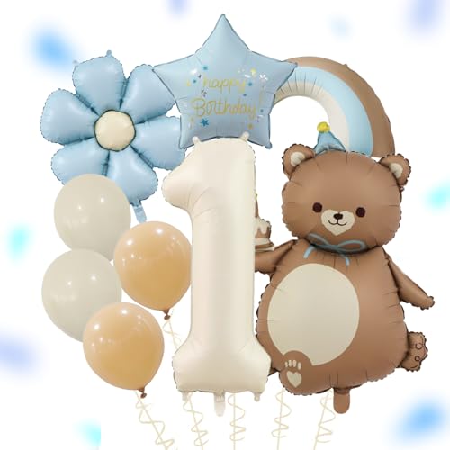 Bär Geburtstagsdeko 1 Jahr Junge,Deko 1. Geburtstag Junge Mädchen mit Gänseblümchen Folienballon,Bär Deko 1 Geburtstag Junge Set mit Zahl 1 Ballon und Bären Luftballon,Erster Geburtstags Deko Geschenk von ALEGRE