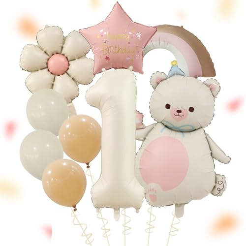 Bär Geburtstagsdeko 1 Jahr Mädchen, Deko 1. Geburtstag Mädchen Junge mit Gänseblümchen Folienballon, Deko 1 Geburtstag Junge Set mit Zahl 1 Ballon und Bären Luftballon,Erster Geburtstags Deko Geschenk von ALEGRE