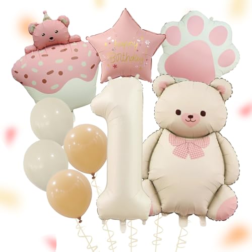 ALEGRE Bär Geburtstagsdeko 1 Jahr Mädchen, Deko 1. Geburtstag Mädchen Junge mit Kuchen Folienballon, Deko 1 Geburtstag Junge Set mit Zahl 1 Ballon und Bären Luftballon,Erster Geburtstags Deko Geschenk von ALEGRE