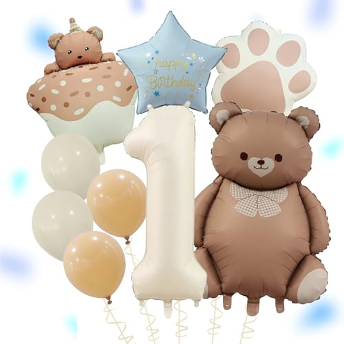 ALEGRE Bär Geburtstagsdeko 1 Jahr Junge,Deko 1. Geburtstag Junge Mädchen mit Kuchen Folienballon,Bär Deko 1 Geburtstag Junge Set mit Zahl 1 Ballon und Bären Luftballon,Erster Geburtstags Deko Geschenk von ALEGRE