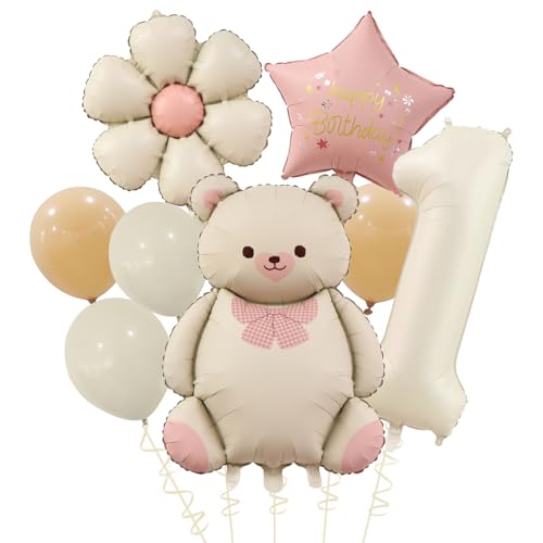 Bär Geburtstagsdeko 1 Jahr Mädchen mit Gänseblümchen Folienballon, Bär Deko 1. Geburtstag Mädchen Junge, Bären Luftballon 1. Geburtstag Deko Set mit Zahl 1 Ballon, Erster Geburtstage Mädchen Geschenk von ALEGRE
