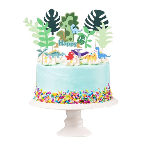 ALEGRE Cake Topper 1. Geburtstag Junge,19 Stück Dinosaurier Tortendeko 1. Geburtstag,Happy Birthday Kuchendeko,Dino Geburtstag Deko 1 Jahr Kinder,Dino Cupcake Topper für Geburtstag von ALEGRE