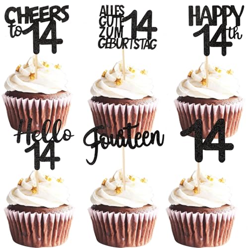 ALEGRE Cupcake Topper 14 Geburtstag Junge, 24 Stück Muffin Deko 14 Geburtstag Mädchen, Schwarz Glitzer Cupcake Deko 14. Geburtstagdeko, Happy 14th Tortendeko 14 Geburtstagdeko, 2011 Kuchen Deko 14 von ALEGRE