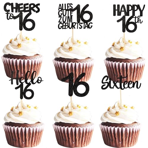 ALEGRE Cupcake Deko 16 Geburtstag,24 Stück Sweet 16 Tortendeko 16 Geburtstag Junge Mädchen,Schwarz Muffin Deko 16. Geburtstagdeko,Hello 16 Cupcake Topper 16. Geburtstagdeko,Happy 16th Kuchendeko 16 von ALEGRE