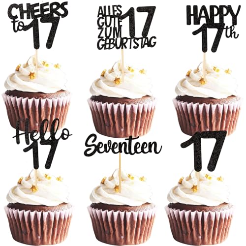 ALEGRE Cupcake Topper 17 Geburtstag Junge, 24 Stück Muffin Deko 17 Geburtstag Mädchen, Schwarz Glitzer Cupcake Deko 17. Geburtstagdeko, Happy 17th Tortendeko 17 Geburtstagdeko, 2008 Kuchen Deko 17 von ALEGRE
