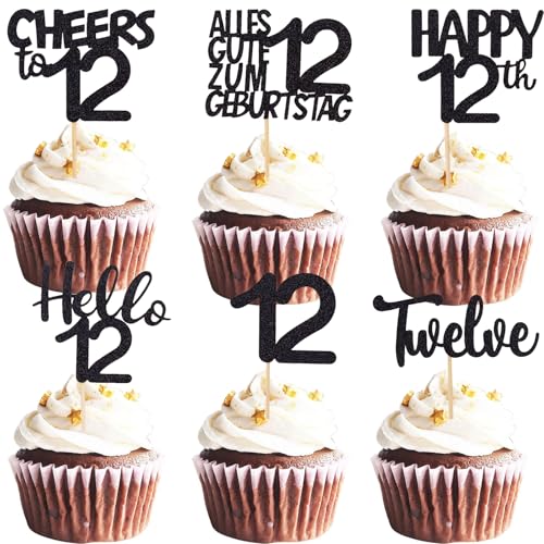 ALEGRE Cupcake Topper 12 Geburtstag Junge, 24 Stück Muffin Deko 12 Geburtstag Mädchen, Schwarz Glitzer Cupcake Deko 12. Geburtstagdeko, Happy 12th Tortendeko 12 Geburtstagdeko, 2013 Kuchen Deko 12 von ALEGRE