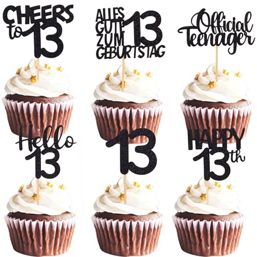 ALEGRE Cupcake Topper 13 Geburtstag Junge,24 Stück Muffin Deko 13 Geburtstag Mädchen,Schwarz Glitzer Cupcake Deko 13. Geburtstagdeko,Official Teenager Tortendeko 13 Geburtstagdeko, 2012 Kuchen Deko 13 von ALEGRE