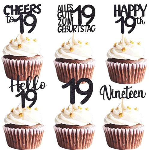 ALEGRE Cupcake Topper 19 Geburtstag Junge, 24 Stück Muffin Deko 19 Geburtstag Mädchen, Schwarz Glitzer Cupcake Deko 19. Geburtstagdeko, Happy 19th Tortendeko 19 Geburtstagdeko, 2006 Kuchen Deko 19 von ALEGRE