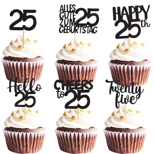 ALEGRE Cupcake Topper 25 Geburtstag Mann, 24 Stück Muffin Deko 25 Geburtstag Frau, Schwarz Glitzer Cupcake Deko 25. Geburtstagdeko, Happy 25th Tortendeko 25 Geburtstagdeko, 2000 Kuchen Deko 25 von ALEGRE
