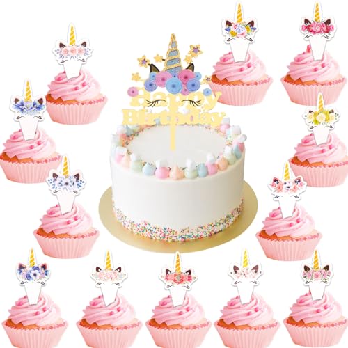 ALEGRE Einhorn Tortendeko Mädchen,13 Stück Einhorn Muffin Deko Geburtstag Kuchendeko,Happy Birthday Cake Topper Kindergeburtstag,Cupcake Topper Einhorn Deko Torte für Geburtstag Hochzeit Party von ALEGRE