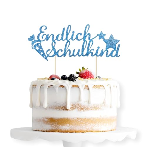 ALEGRE Endlich Schulkind Cake Topper Blau, Glitzer Schulanfang Tortendeko Einschulung Torten Deko, Schulkind 2024 Kuchen Deko, Zuckertüte Kuchendeko für Junge Mädchen Schuleinführung Party Dekoration von ALEGRE