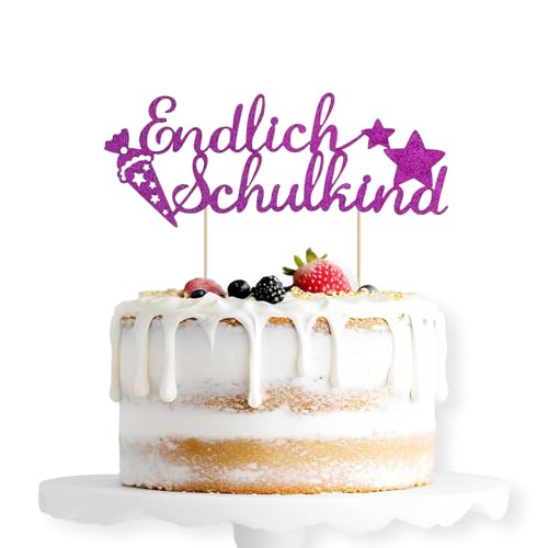 ALEGRE Endlich Schulkind Cake Topper Lila, Glitzer Schulanfang Tortendeko Einschulung Torten Deko, Schulkind 2024 Kuchen Deko, Zuckertüte Kuchendeko für Junge Mädchen Schuleinführung Party Dekoration von ALEGRE