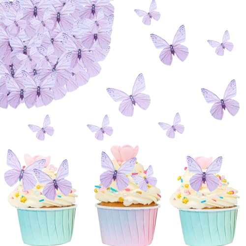 ALEGRE 72 Stück Essbare Schmetterlinge Cupcake Topper,Lila Schmetterlinge Essbare Tortendeko Geburtstag,Essbare Schmetterlinge für Torte,Esspapier Schmetterlinge Kuchendeko für Hochzeit,Taufe von ALEGRE