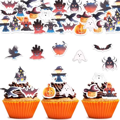 ALEGRE Essbare Halloween Cupcake Topper, 48 Stück Deko für Kuchen und Muffins, Tortendeko mit Kürbis und Hexe für Halloween Party von ALEGRE
