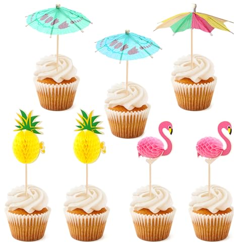 ALEGRE Flamingo Tortendeko,24 Stück Hawaii Deko Kuchen,Tropisch Cupcake Topper,Cocktail Schirmchen Cake Topper Geburtstag,Aloha Flamingo Kuchen Deko für Geburtstag Sommer Party Dekoration von ALEGRE