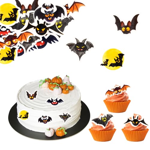ALEGRE Fledermaus Kuchendeko Essbar, 48 Stück Halloween Tortendeko Essbar, Fledermaus Tortendeko Kindergeburtstag, Kuchen Deko Halloween Cupcake Topper, Essbare Torten Deko Halloweenparty Horror Party von ALEGRE