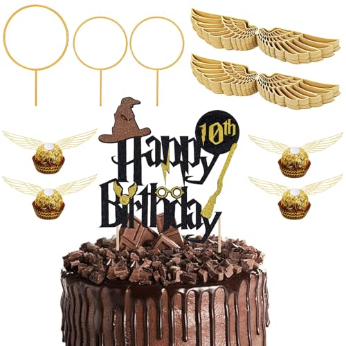 Glitter Magier Tortendeko 10. Geburtstag,54 Stk Wizard Cake Topper 10. Geburtstag, Golden Snitch Wings Schokolade Cake Topper Geburtstags,Kindergeburtstag Party Kuchen Deko, Magic Theme Party Supplies von ALEGRE