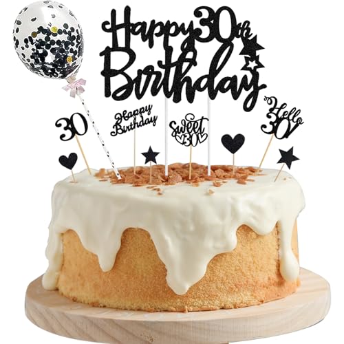 ALEGRE Schwarz Tortendeko 30. Geburtstag Mann Frau, Glitzer Cake Topper, 10 Stück Happy 30th Birthday Kuchen Deko, Hello 30 Torten Deko, Sweet 30 Tortenstecker von ALEGRE