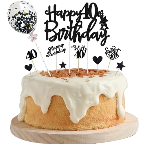 ALEGRE 40. Geburtstag Tortendeko Schwarz, Happy 40th Birthday Kuchendeko, Cake Topper für Mann und Frau, Hello 40 Deko von ALEGRE