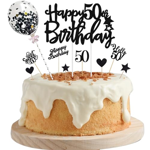 ALEGRE Torten Deko 50. Geburtstag Mann Frau, Schwarz, 10 Stück Glitzer Cake Topper, Happy 50th Birthday Kuchen, Hello 50 Tortenstecker von ALEGRE