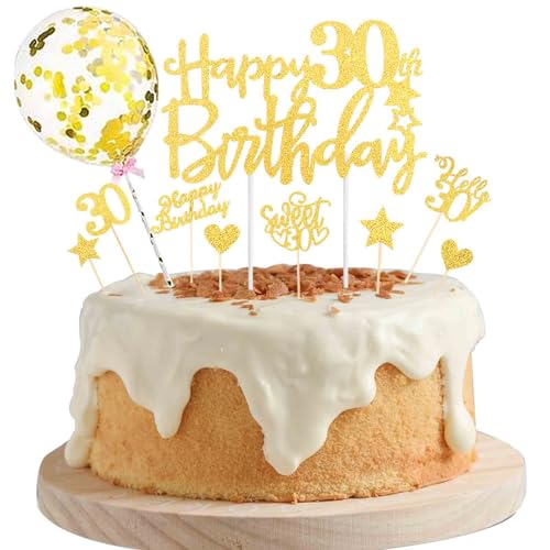 ALEGRE Cake Topper 30 Geburtstag Männer Frauen,Gold Happy 30th Birthday Tortendeko 30 Geburtstag Mann Frau,10 Stück Glitzer Kuchendeko 30 Jahre,Hello 30 GeburtstagDeko Kuchen von ALEGRE