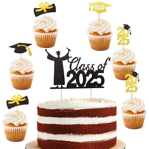 ALEGRE Graduation Tortendeko Abschluss Deko Schwarz Gold,13 Stück Graduation Cap Cake Topper ABI 2025 Kuchen Deko,Glitzer Abschluss Deko für Torten zum Abschlussfeier,2025 Graduation Party von ALEGRE
