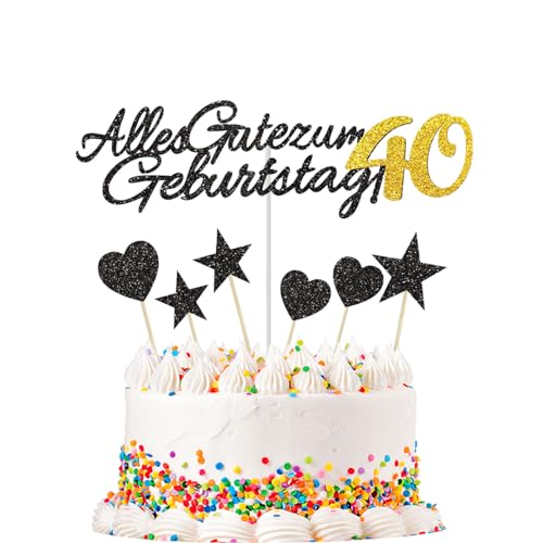 ALEGRE Happy 40th Birthday Tortendeko 40 Geburtstag Männer Frauen,7 Stück Kuchen Deko Schwarzes Gold 40th,Happy Birthday Cake Topper,40.Alles Gute Geburtstag Torten Topper für 40 Geburtstag Deko von ALEGRE