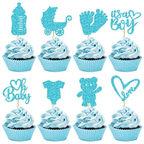 ALEGRE It's a Boy Tortendeko, 16 Stück Muffin Deko für Babyparty Junge, Blau Cupcake Topper Baby Shower Glitzer, Gender Reveal Party, Taufe Kuchen von ALEGRE
