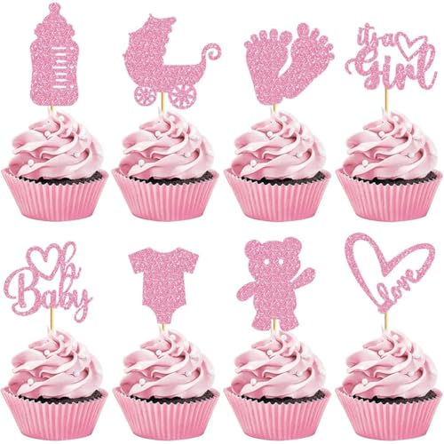 ALEGRE It's a Girl Tortendeko Baby, 16 Stück Cupcake Topper, Oh Baby Cake Topper Rosa, Babyparty Kuchen Deko, Glitzer Muffin für Babyshowerparty, Taufe von ALEGRE