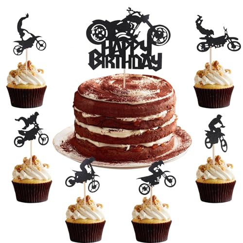 ALEGRE Motorrad Tortendeko Geburtstag,13 Stück Happy Birthday Cake Topper Schwarz,Motorrad Deko Kuchen,Glitzer Motorrad Tortenaufsatz,Motorrad Kuchen Topper für Männer Jungen Geburtstag von ALEGRE