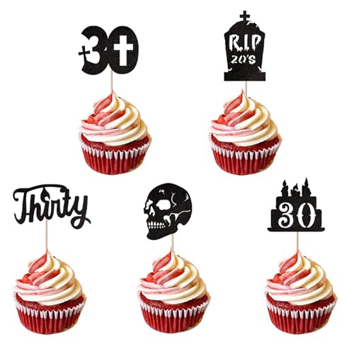 ALEGRE® 15 Stück RIP 20s Cupcake Deko 30 Geburtstag Männer Frauen, Tortendeko 30 Geburtstag, Glitzer 30. Geburtstags Cupcake Topper, Muffin Deko 30.Geburtstagdeko Schwarz, Kuchendeko Geburtstags 30 von ALEGRE