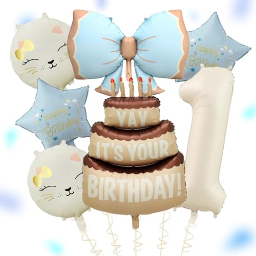 Katzen Deko 1. Geburtstag Junge, Geburtstagsdeko 1 Jahr Junge Mädchen, 1 Geburtstag Junge Deko Set mit Schleife Folienballon Geburtstags und Katzen Geburtstage Deko, Erster Geburtstagn Deko Geschenk von ALEGRE