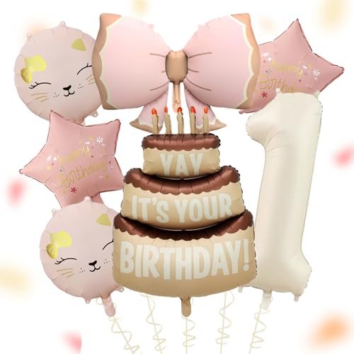 Katzen Deko 1. Geburtstag Mädchen,Geburtstagsdeko 1 Jahr Mädchen Junge,1 Geburtstag Mädchen Deko Set mit Schleife Folienballon Geburtstags und Katzen Geburtstage Deko,Erster Geburtstagn Deko Geschenk von ALEGRE
