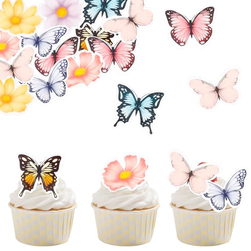 ALEGRE Blumen Schmetterling Tortendeko Essbare Schmetterlinge für Torte,48 Stück Schmetterling Deko Kuchen,2D Blumen Schmetterlinge Cupcake Deko,Essbare Muffinaufleger Geburtstag,Hochzeit von ALEGRE