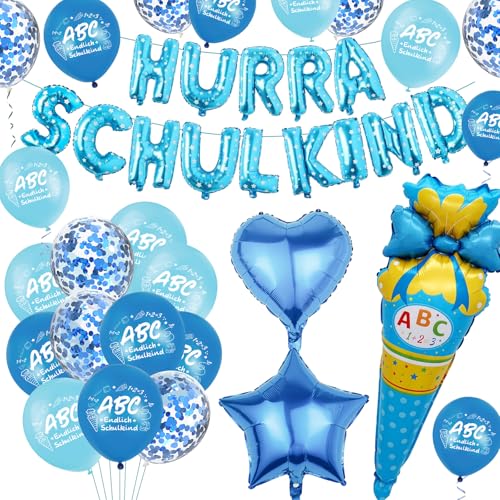 Einschulung Deko Blau, Schulanfang Deko Einschulung Junge, Hurra Schulkind Deko Ballon Girlande Banner, ABC Zuckertüte Folienballon, Deko Schulanfang für Einschulungsfeier, Schuleinführung Party Deko von ALEGRE