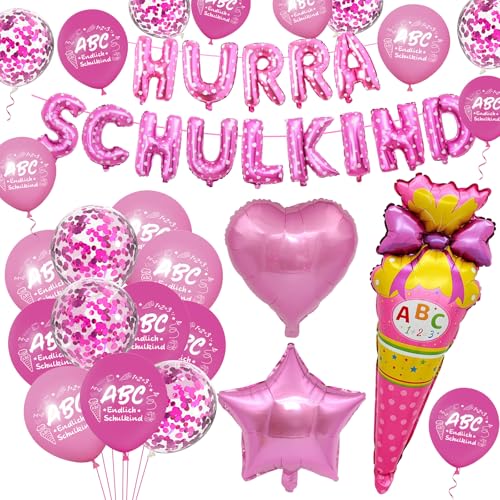 Einschulung Deko Rosa, Schulanfang Deko Einschulung Mädchen, Hurra Schulkind Deko Ballon Girlande Banner, ABC Zuckertüte Folienballon, Deko Schulanfang für Einschulungsfeier,Schuleinführung Party Deko von ALEGRE